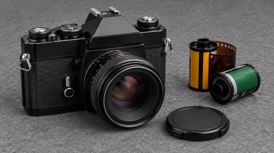 A classic black 1960s professional 35mm SLR film camera with a prism finder beside rolls of film on grey felt