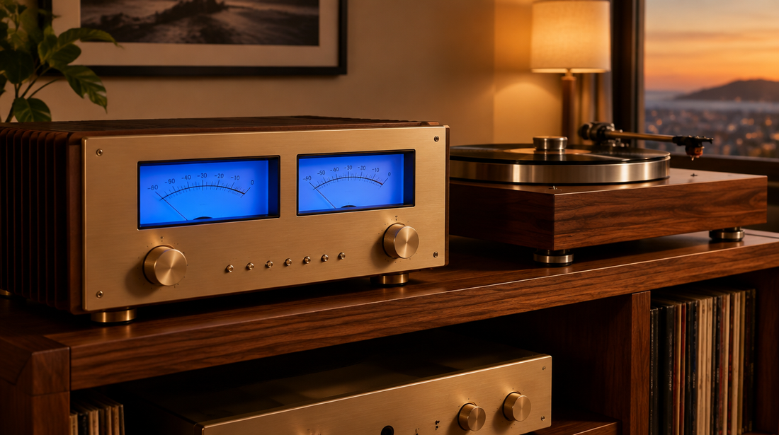 A champagne-gold hi-fi amplifier with illuminated blue power meters on a wooden rack beside a turntable