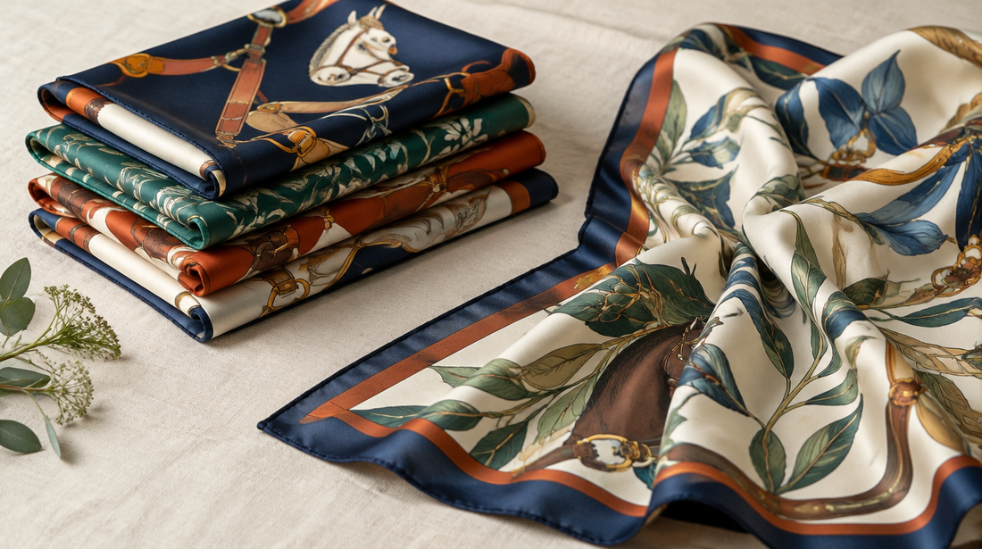Several folded silk twill scarves with hand-rolled edges in rich colours, one partly unfolded on cream linen