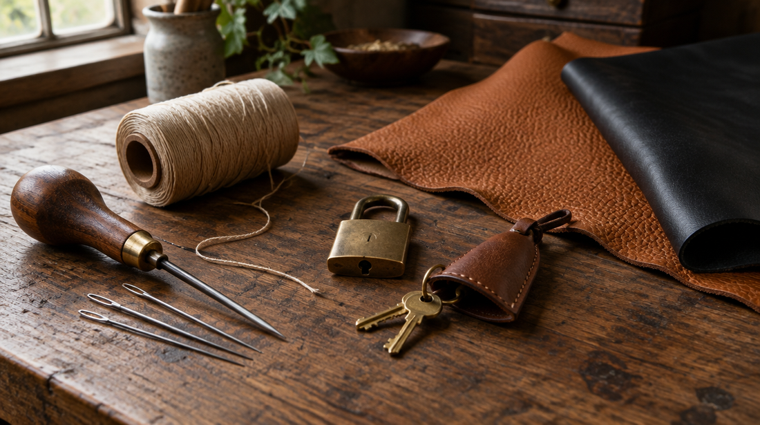 A leather atelier bench with saddle-stitching tools, a padlock and keys, leather swatches in tan and black and waxed thread