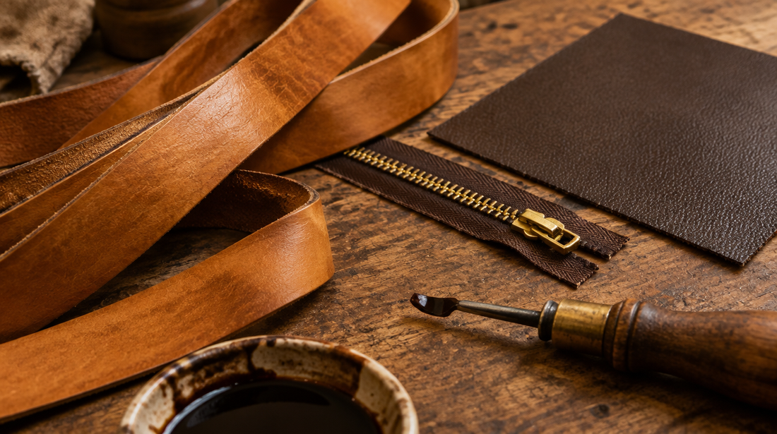 A craftsman's bench with honey-patina natural leather straps, brass zips and a plain brown coated canvas swatch