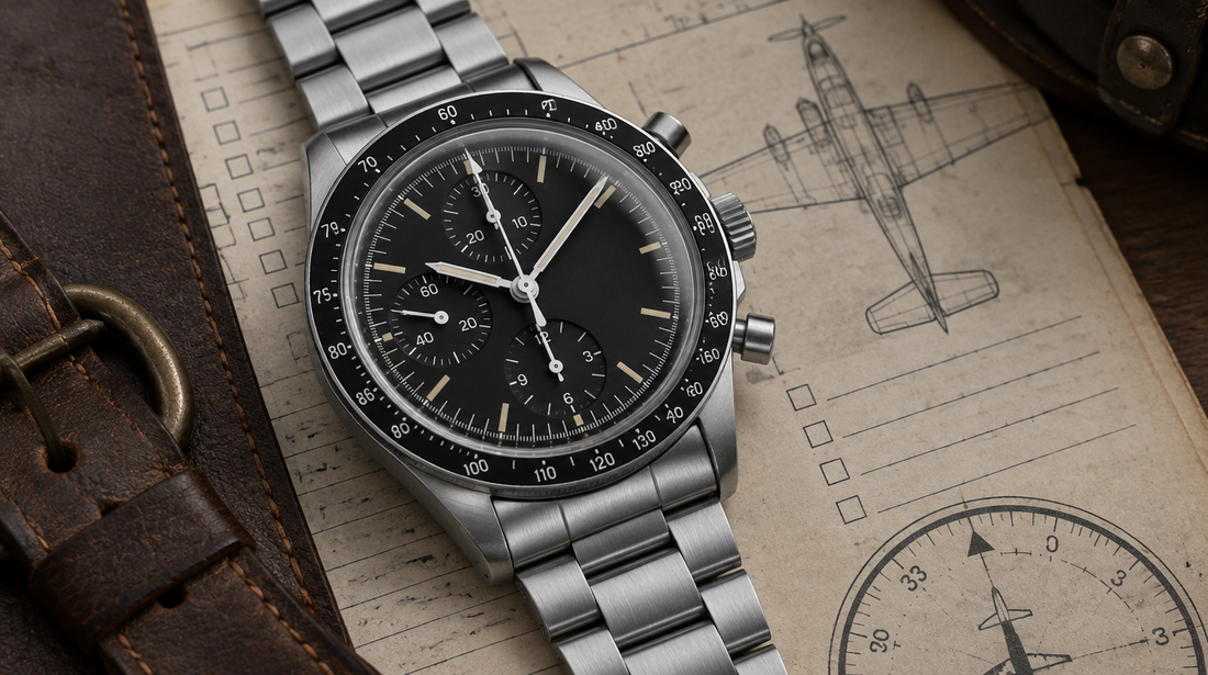 A vintage manual-wind steel chronograph wristwatch with a black dial, three subdials and a tachymeter bezel resting on an aviation checklist