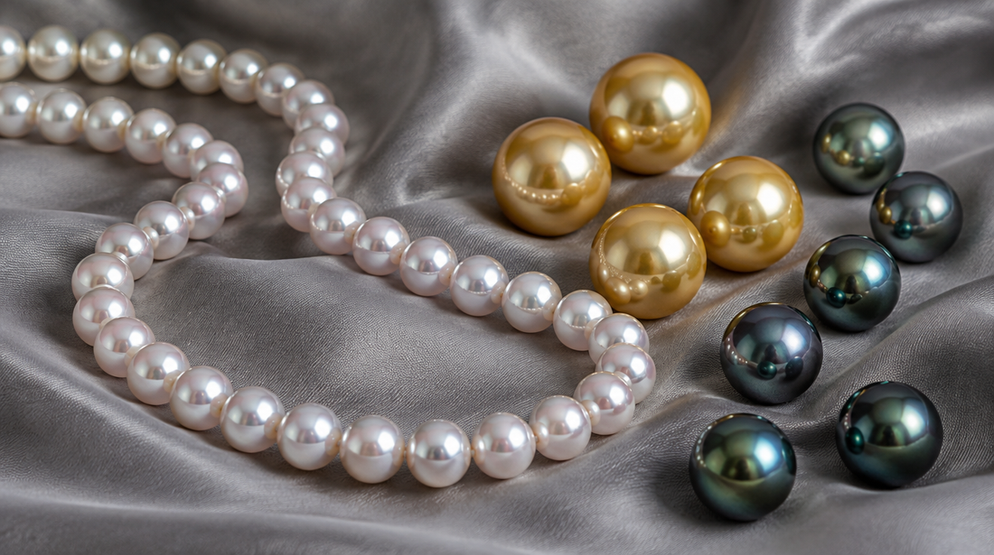 A strand of lustrous white Akoya pearls beside golden South Sea pearls and dark Tahitian pearls on grey silk