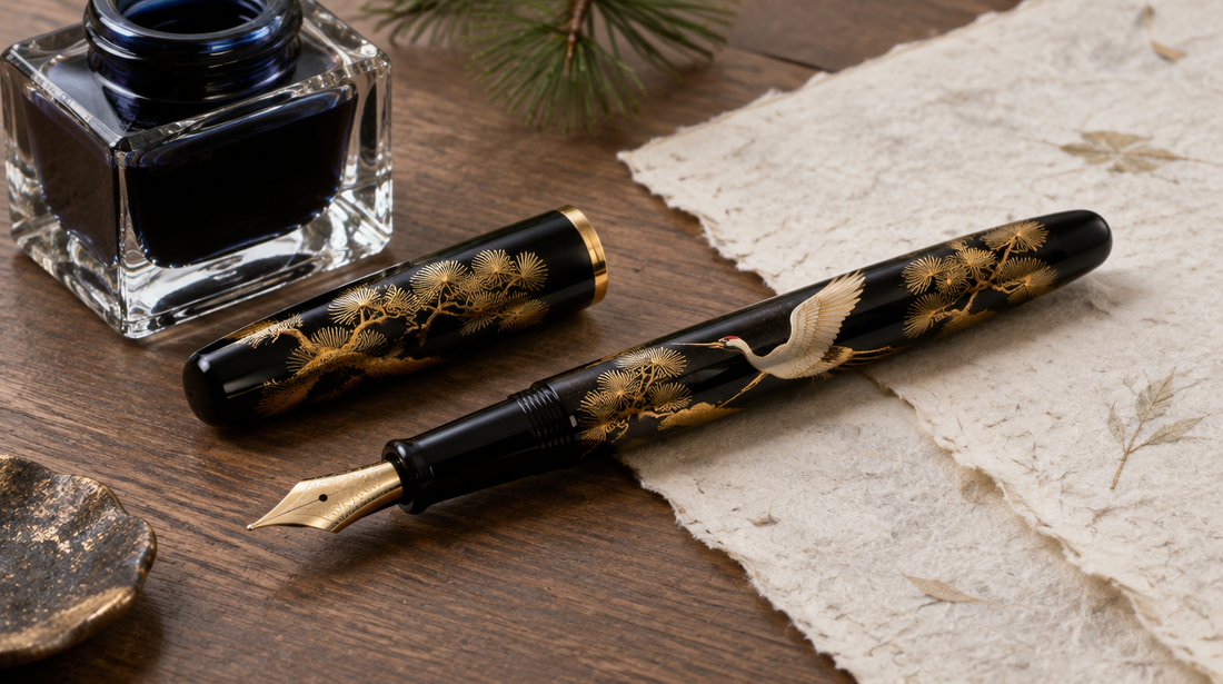 A Japanese fountain pen decorated in gold maki-e with a crane and pine design on black lacquer, beside an inkwell and washi paper