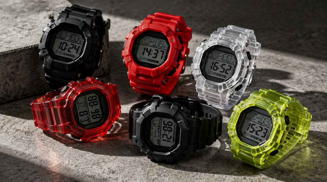 A collection of resin digital sports watches in black, red and translucent colours arranged on a concrete surface