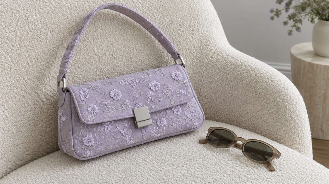 A small rectangular embroidered shoulder bag in lilac fabric with a short strap and metal clasp on a cream chair
