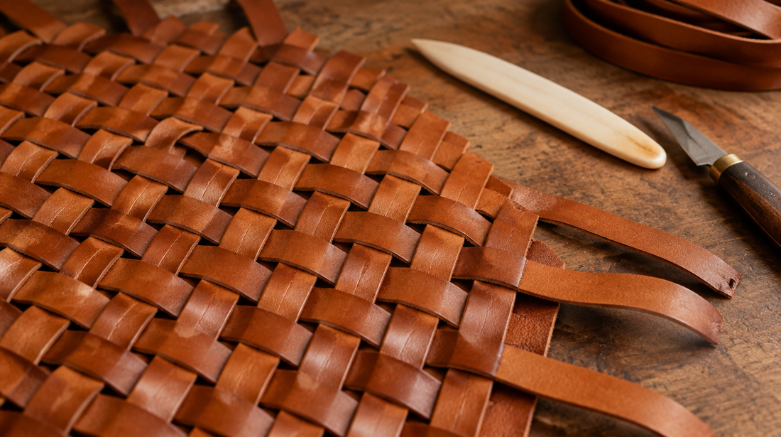 Hand-woven leather strips forming a supple lattice in warm brown, with leather-working tools on a wooden table