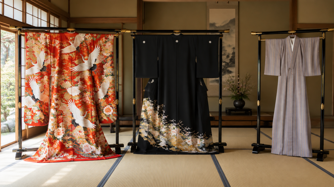 Silk kimono on lacquered stands in a tatami room: a long-sleeved furisode with cranes, a black formal kimono patterned at the hem and a pale plain kimono