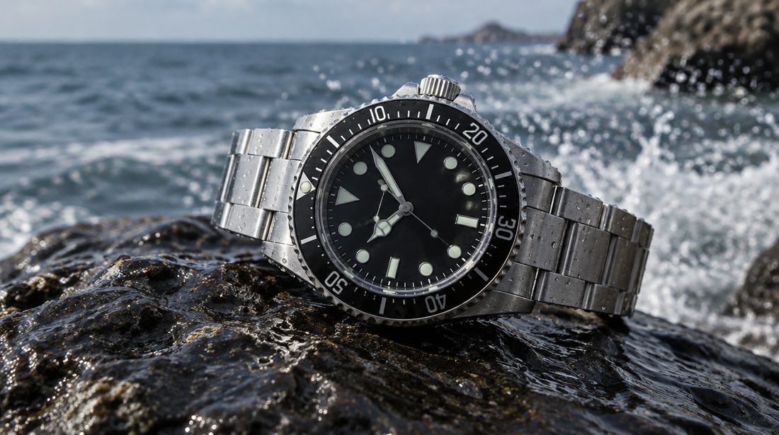 A steel dive watch with a black dial and rotating black bezel resting on a wet rock by the sea