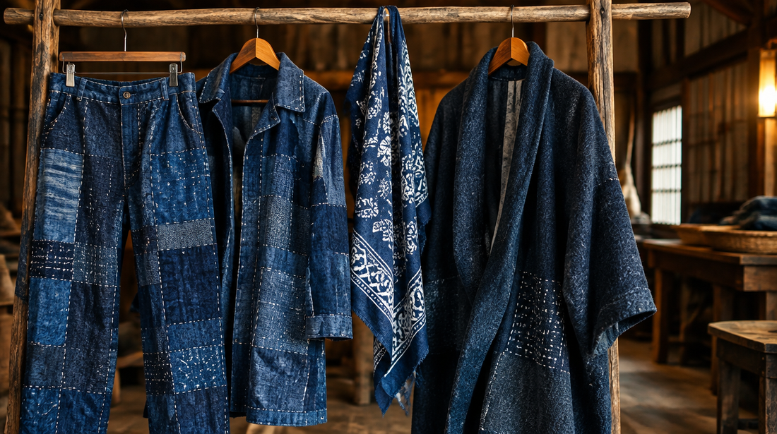 Indigo patchwork denim garments with sashiko stitching, a printed bandana and a heavy indigo coat on a rustic wooden rack