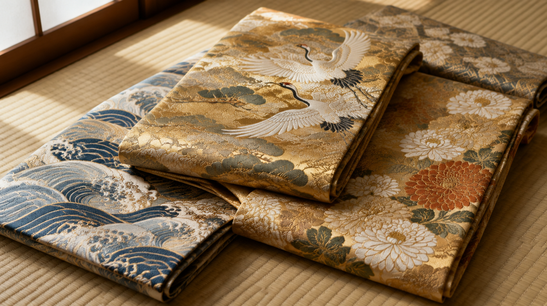 Several folded Japanese obi sashes in gold brocade and woven silk with crane, wave and flower patterns on a tatami mat