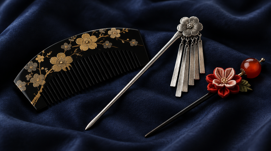 Japanese hair ornaments including a lacquered comb, a silver hairpin with dangling strips and a silk flower ornament on dark cloth