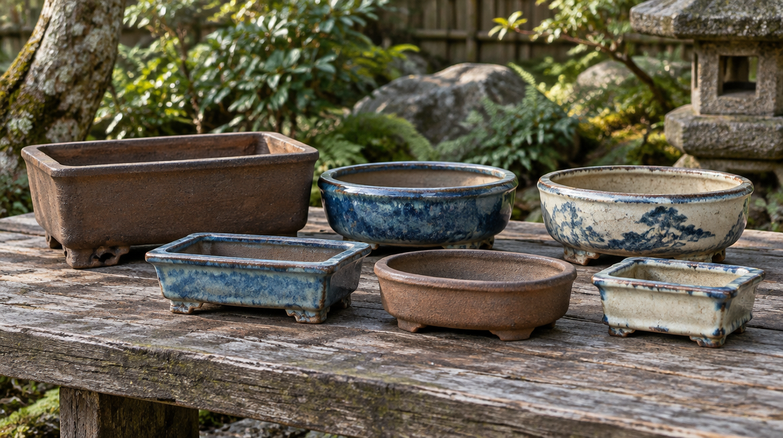 Antique bonsai pots in unglazed brown and glazed blue and cream stoneware arranged on a weathered wooden garden bench