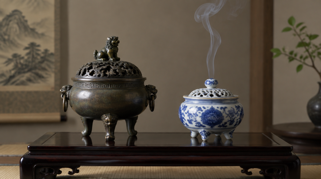 A Japanese bronze tripod incense burner with a lion-topped lid beside a porcelain incense burner and a wisp of smoke