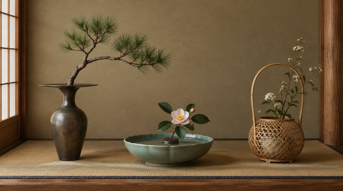 Japanese ikebana vessels including a bronze vase with a pine branch, a shallow ceramic basin with a camellia and a woven bamboo basket