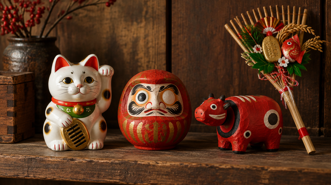 A white beckoning cat figure, a red papier-mâché daruma with one eye painted, a red cow toy and a bamboo rake charm on a wooden shelf