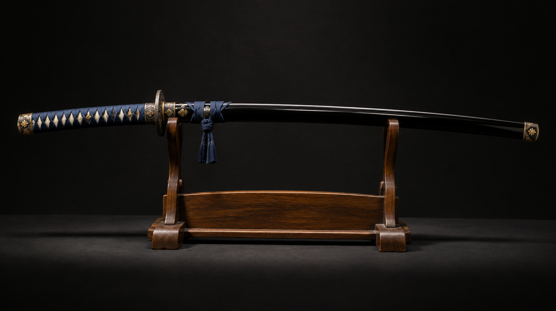 A Japanese sword mounting with a black lacquered scabbard and a hilt wrapped in dark blue silk, resting on a wooden stand
