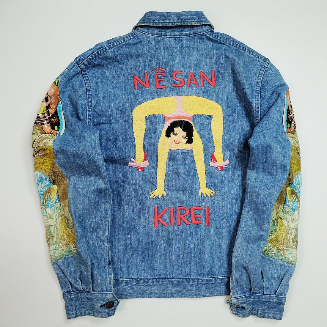 Evisu Yamane embroidered denim jacket with sumo, koi and Mount Fuji