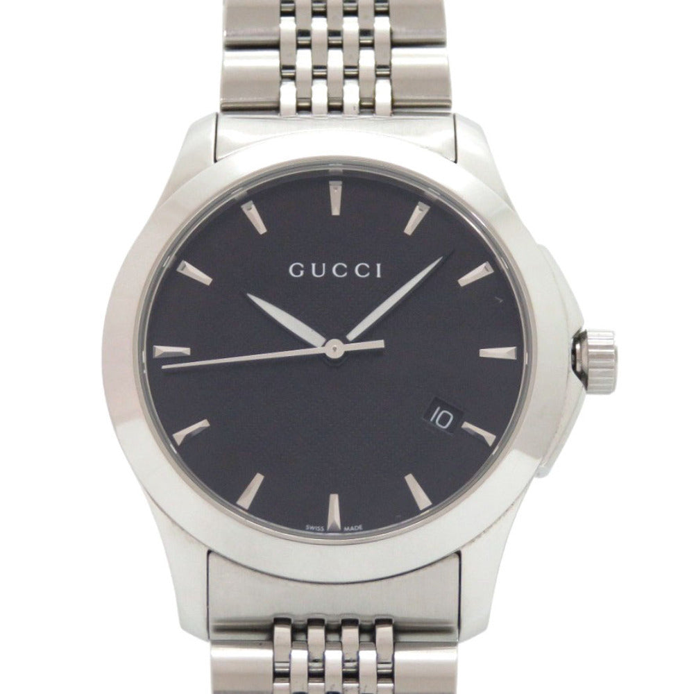 Gucci G-Timeless 126.4 watch with black dial on a stainless steel bracelet