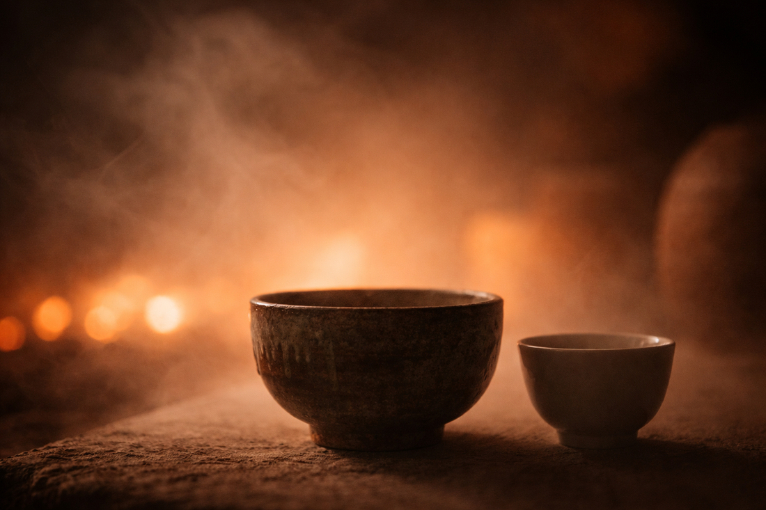 Abstract kiln-atmosphere image with ember glow suggesting Japanese clay and porcelain forms in soft focus.