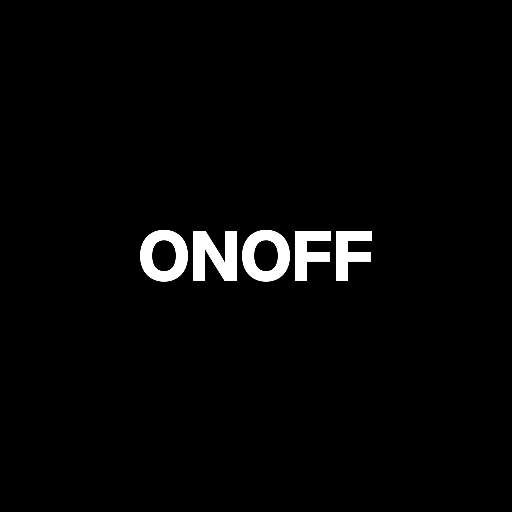 Onoff wordmark in white capitals on a black square