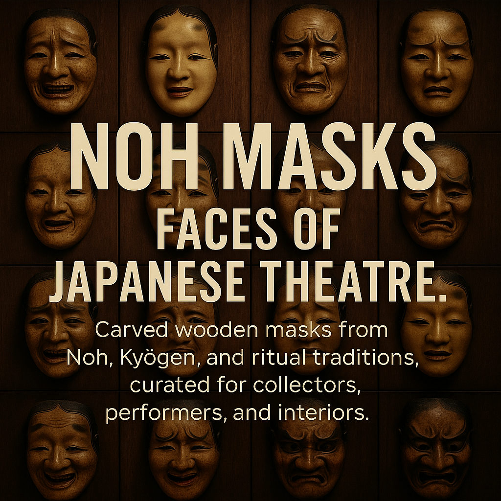 Japanese Noh masks displayed on stands in warm gallery lighting, showcasing carved wooden faces from classical Japanese theatre and ritual performance.
