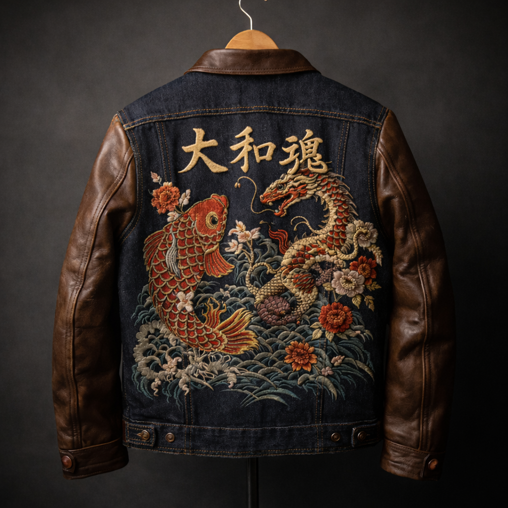 Night-time Tokyo street scene softly out of focus in the background. Foreground: a single figure seen from behind wearing a Japanese Amekaji jacket with a clean silhouette; subtle embroidery catches streetlight without overpowering the scene.