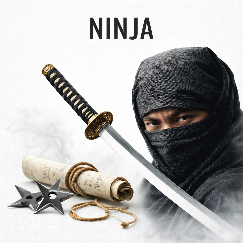 Premium Ninja cultural collage featuring masked shinobi, katana and traditional weapons on white studio background