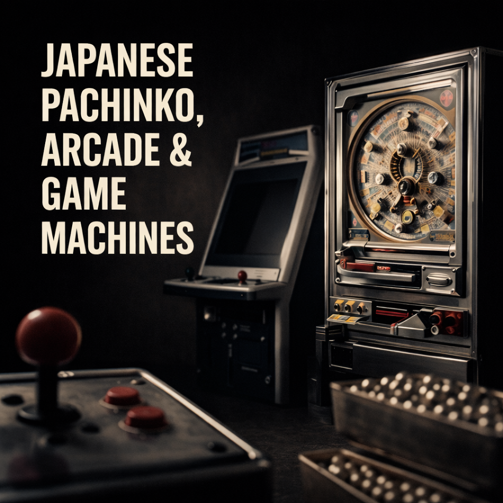 Curated Japanese pachinko machines and vintage arcade cabinets presented in refined archive studio format.