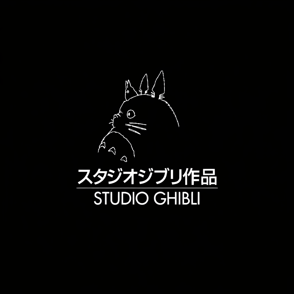 Studio Ghibli Totoro silhouette and bilingual wordmark in white on black square background, monochrome Japanese animation studio brand plate