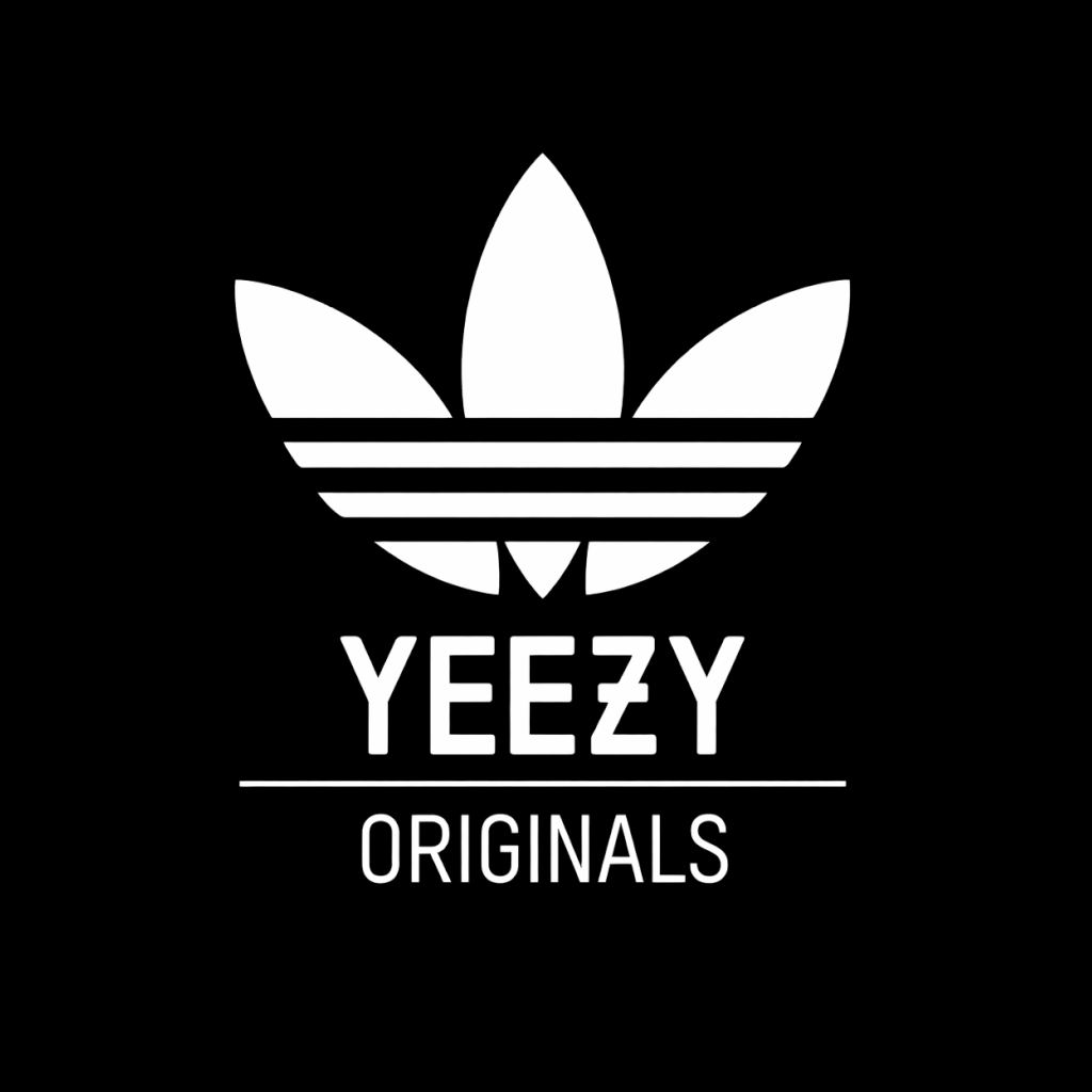 Yeezy Originals trefoil style logo and wordmark in white on black square background, monochrome sneaker collaboration brand plate