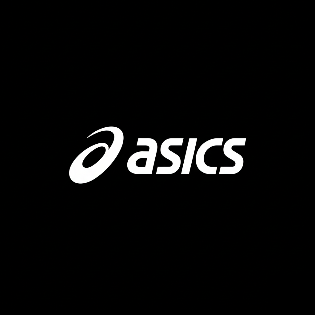 ASICS stripe emblem and wordmark in white on black square background, monochrome Japanese sportswear brand banner