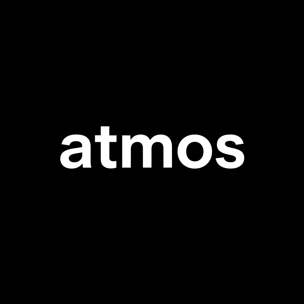 atmos wordmark in white on black square background, monochrome Japanese sneaker boutique brand banner