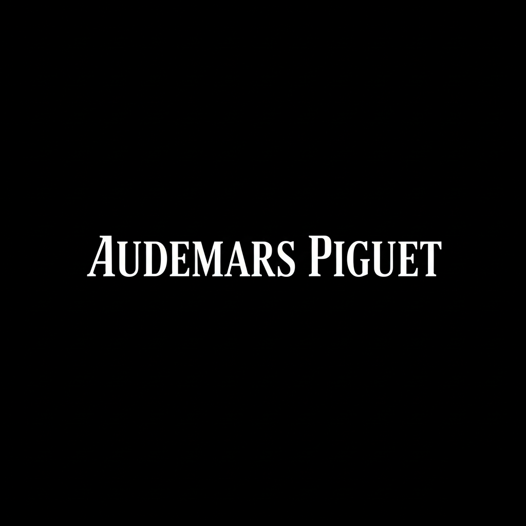 Audemars Piguet wordmark in white on black square background, monochrome luxury Swiss watch brand plate