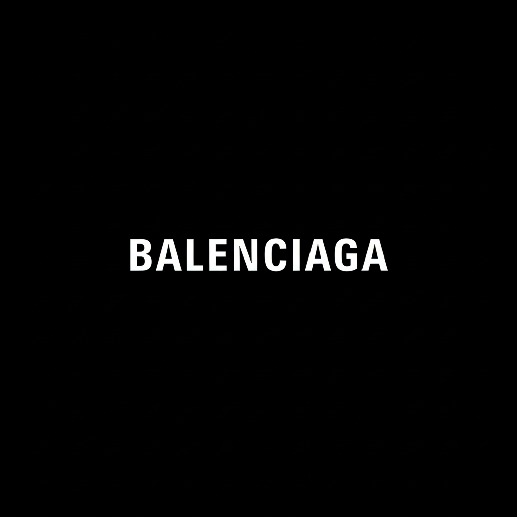 Balenciaga wordmark in white on black square background, modern monochrome designer brand plate