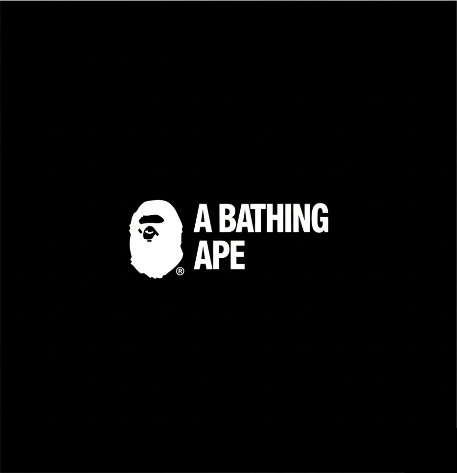 A Bathing Ape logo with ape head and wordmark in white on black square background, monochrome streetwear brand banner