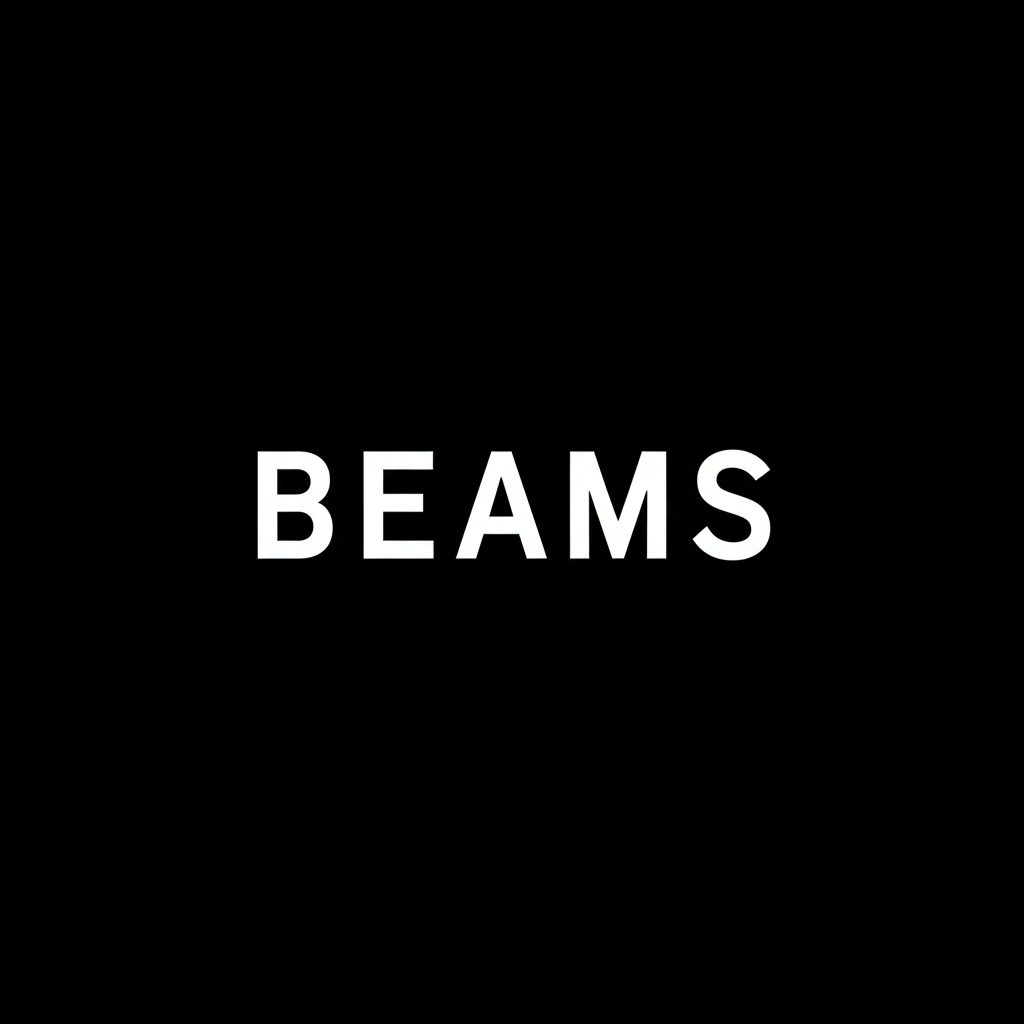 BEAMS wordmark in white on black square background, monochrome Japanese retail fashion brand banner