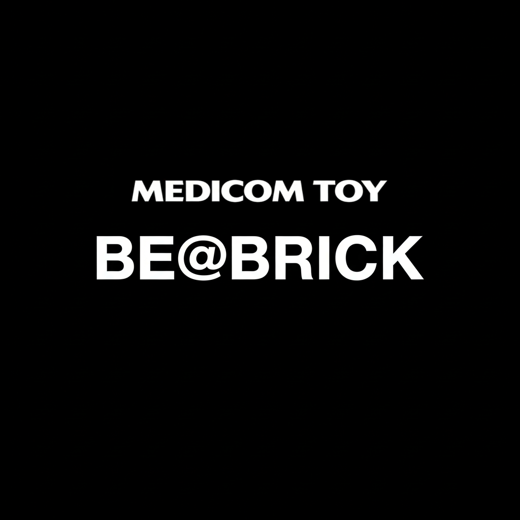 BE@RBRICK medicom toy wordmark in white on black square background, monochrome collectible art toy brand banner