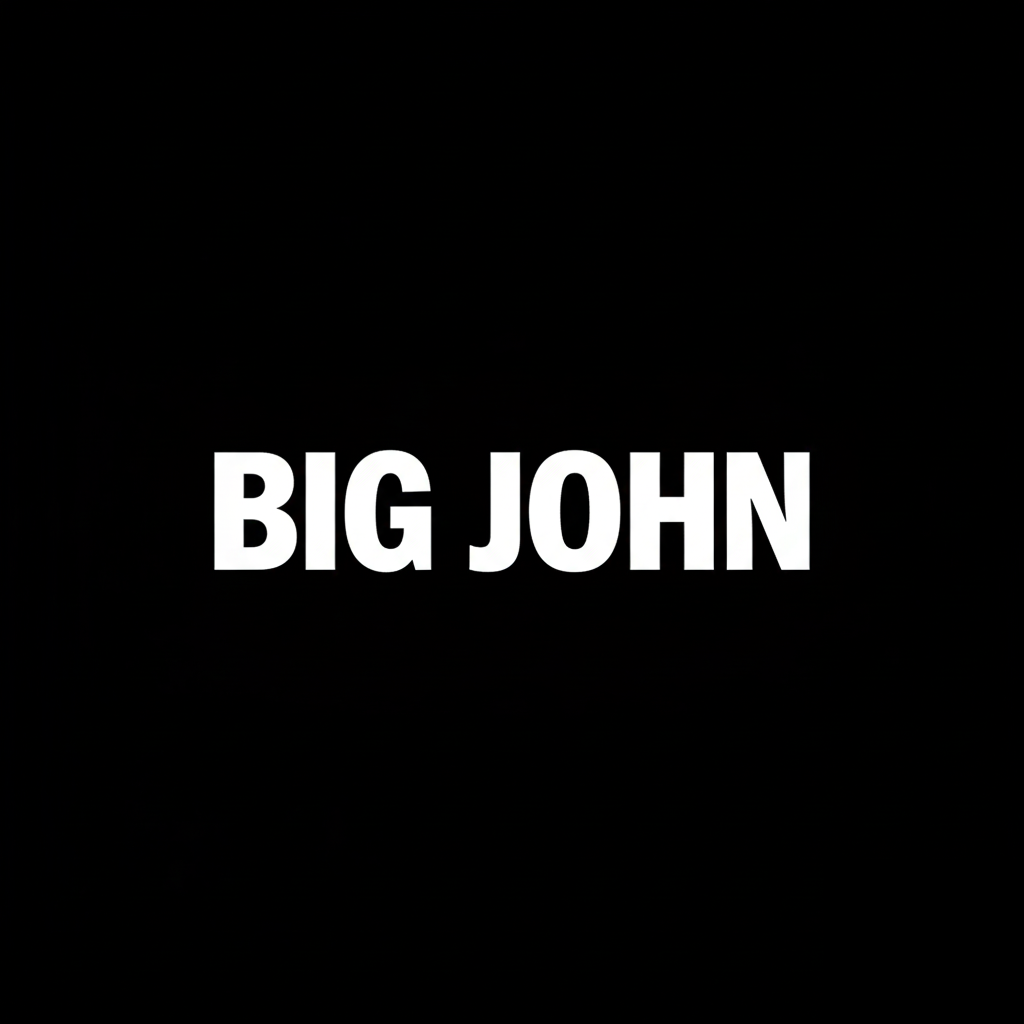 BIG JOHN wordmark in white on black square background, monochrome Japanese denim heritage brand plate