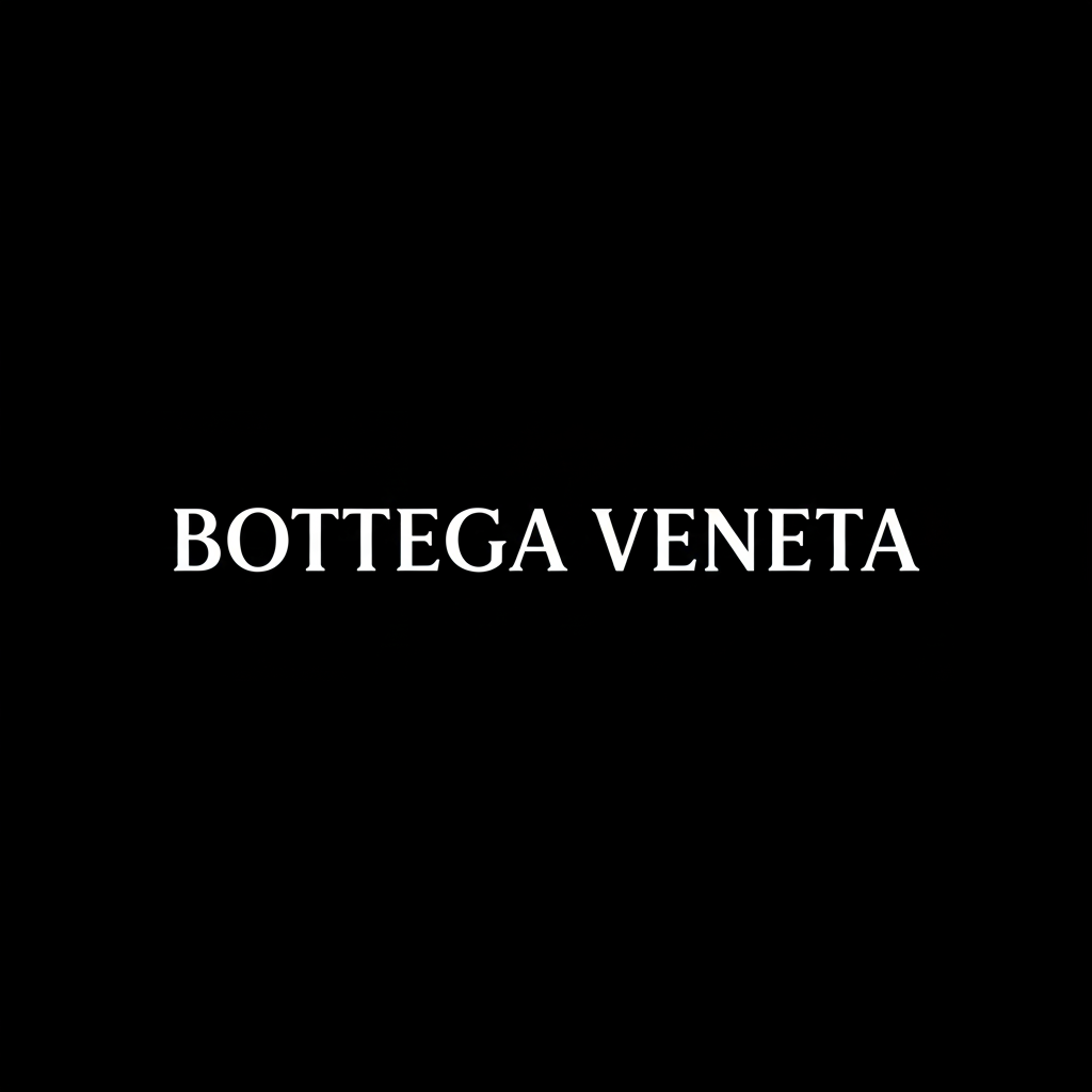 Bottega Veneta wordmark in white on black square background, monochrome Italian luxury fashion brand banner