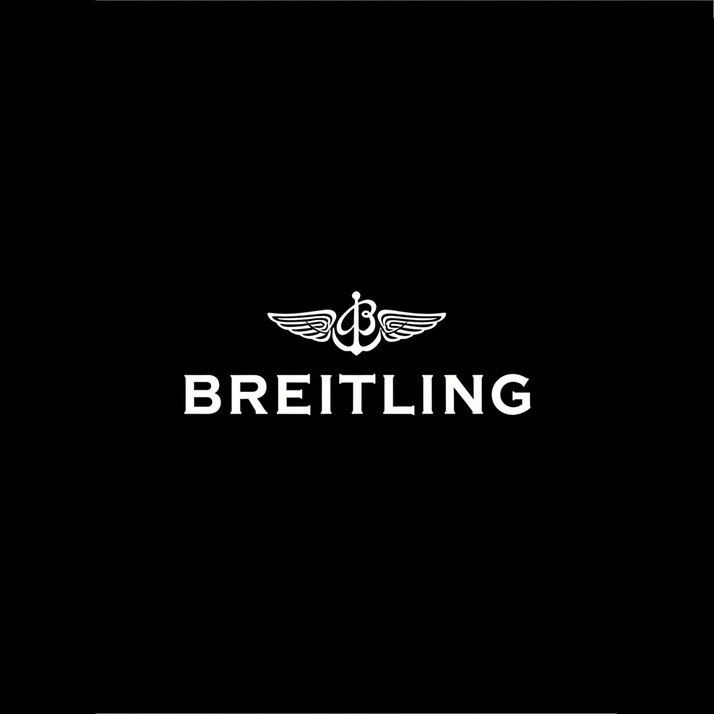 Breitling winged logo and wordmark in white on black square background, monochrome aviation watch brand banner