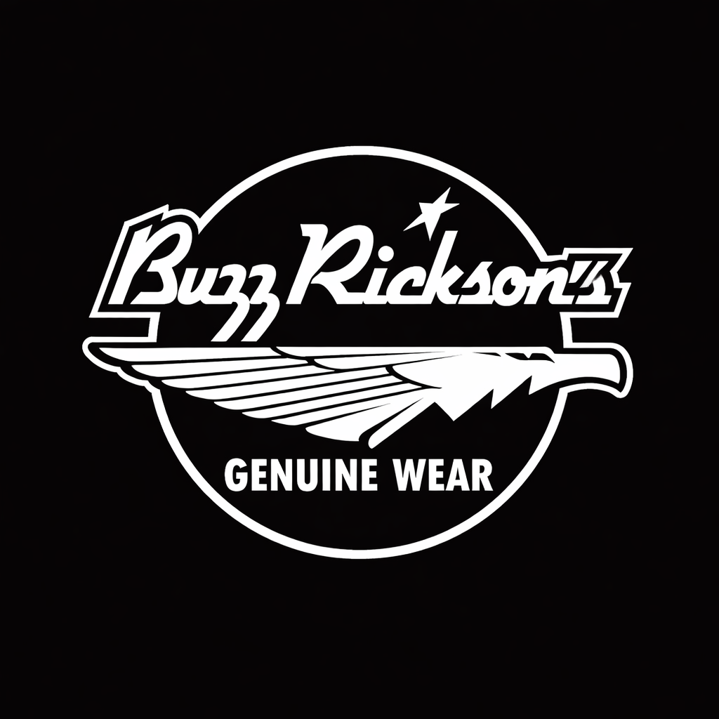 Buzz Rickson’s wordmark in white on black square background, monochrome Japanese military heritage fashion brand banner