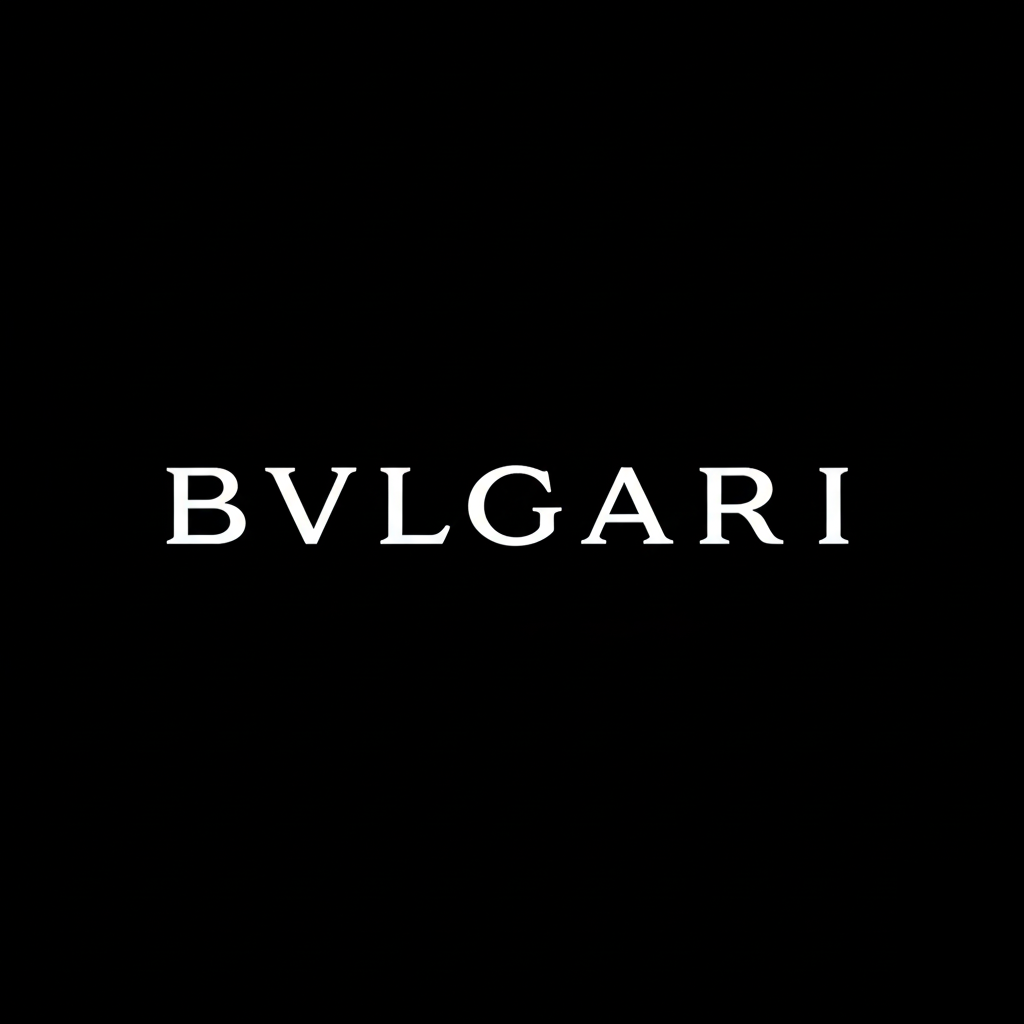 BVLGARI Roman serif wordmark in white on black square background, monochrome luxury branding image.