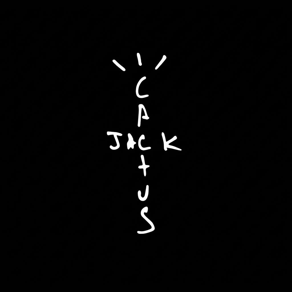 Cactus Jack wordmark in white on black square background, monochrome contemporary streetwear brand plate
