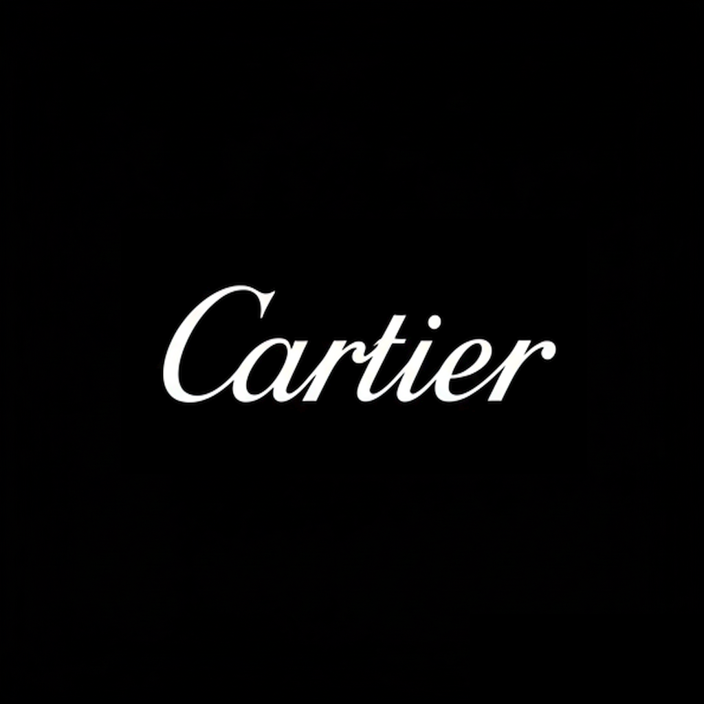 Cartier script logo in white on black square background, elegant monochrome jewelry brand banner.