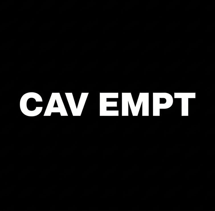 CAV EMPT wordmark in white on black square background, monochrome Japanese experimental streetwear brand banner