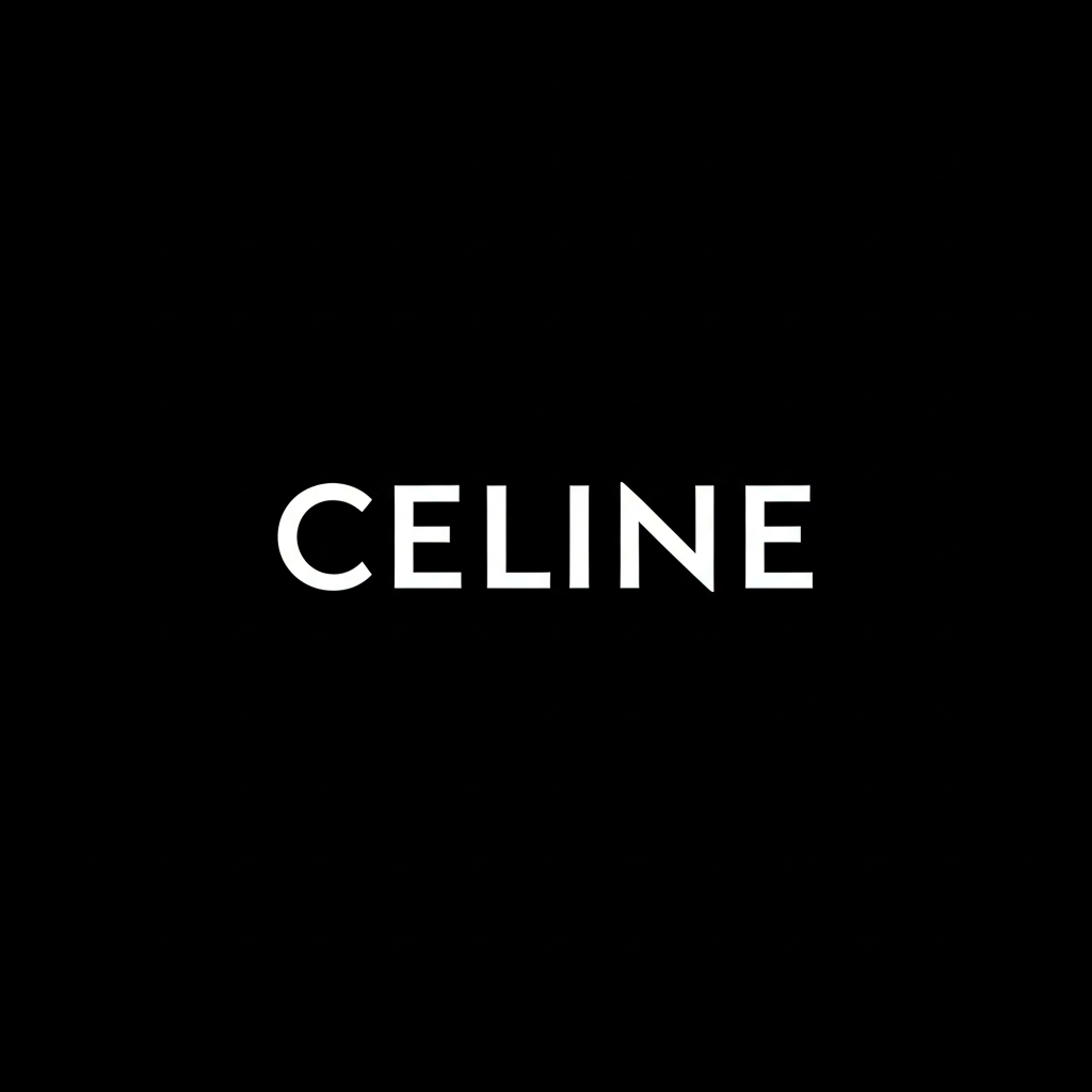 Celine wordmark in white on black square background, monochrome high fashion logo tile.