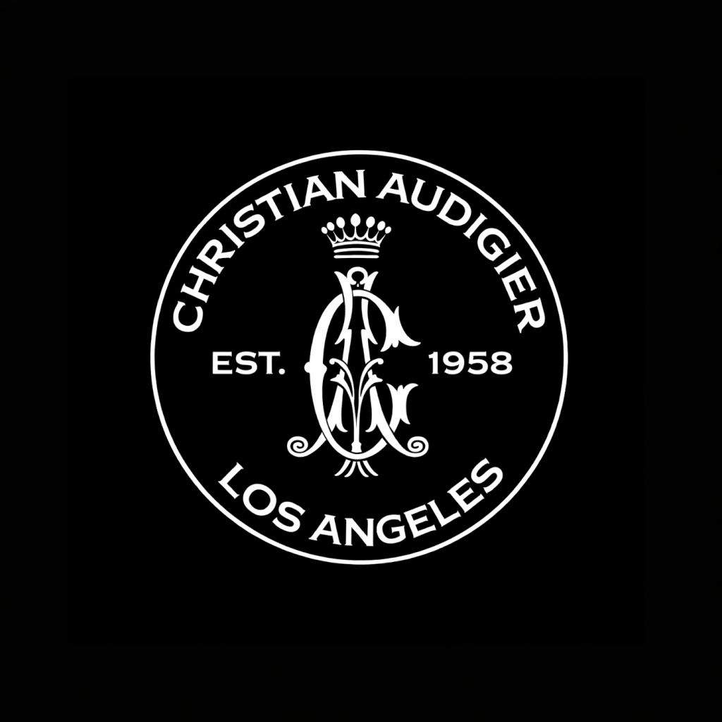 Christian Audigier wordmark in white on black square background, monochrome fashion brand plate