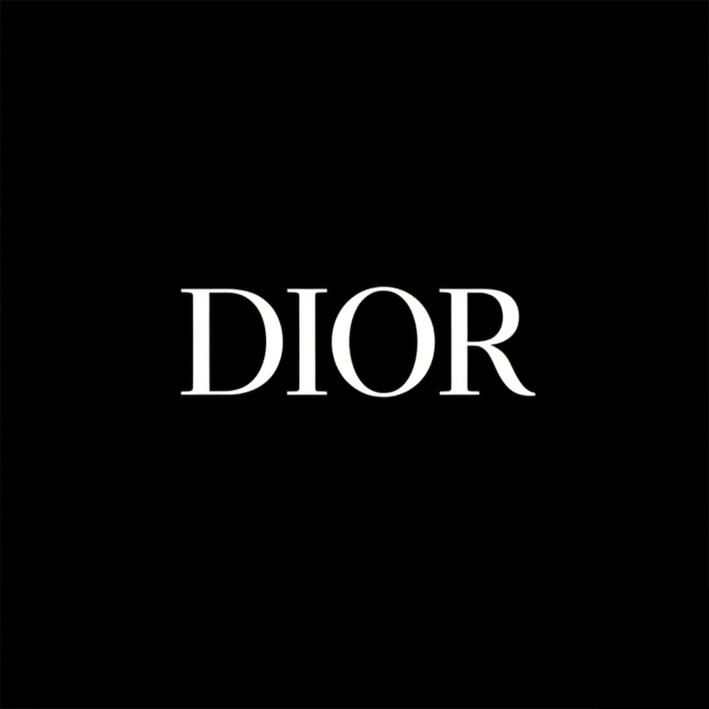 Christian Dior wordmark in white on black square background, high contrast luxury fashion brand plate