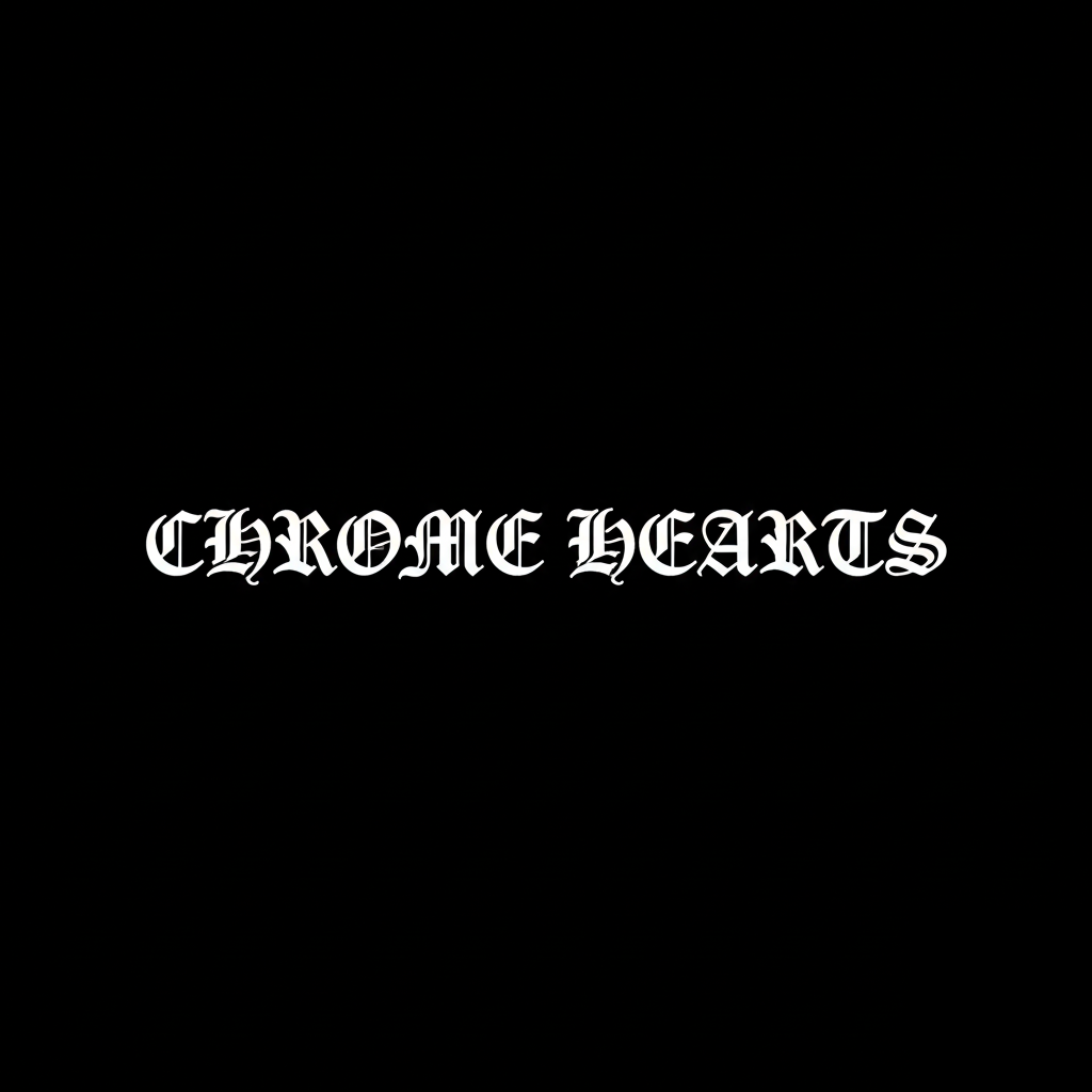 Chrome Hearts gothic wordmark in white on black square background, monochrome luxury street fashion brand plate